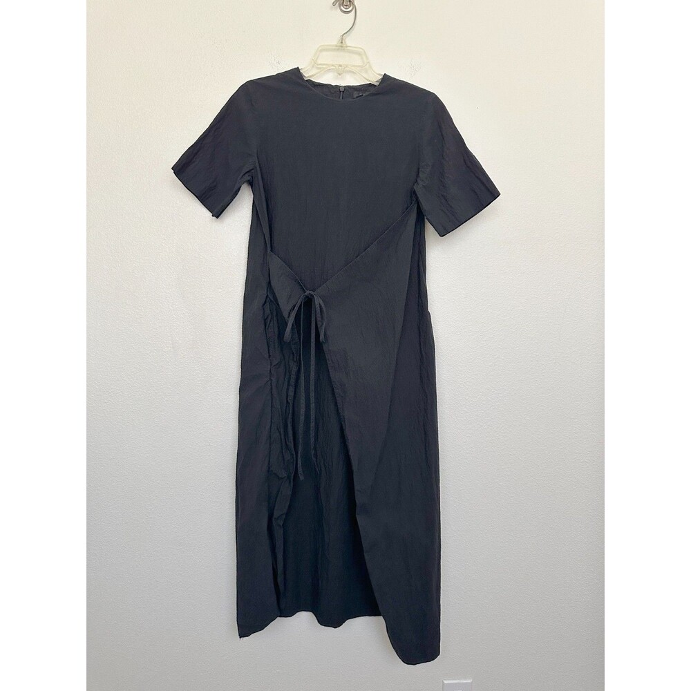 COS Apron Wrap Seersucker Midi Dress Black Tie Minimalist Cotton Women's Size 2 - Picture 3 of 11